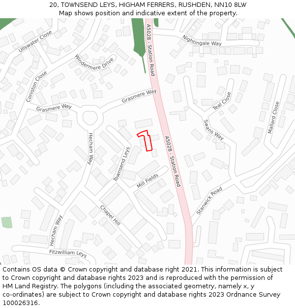 20, TOWNSEND LEYS, HIGHAM FERRERS, RUSHDEN, NN10 8LW: Location map and indicative extent of plot