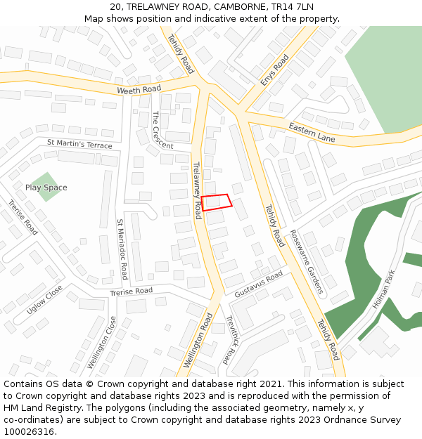 20, TRELAWNEY ROAD, CAMBORNE, TR14 7LN: Location map and indicative extent of plot
