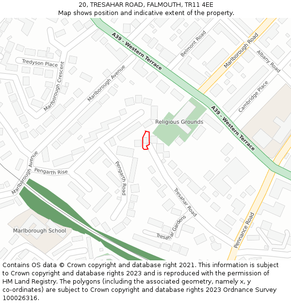 20, TRESAHAR ROAD, FALMOUTH, TR11 4EE: Location map and indicative extent of plot