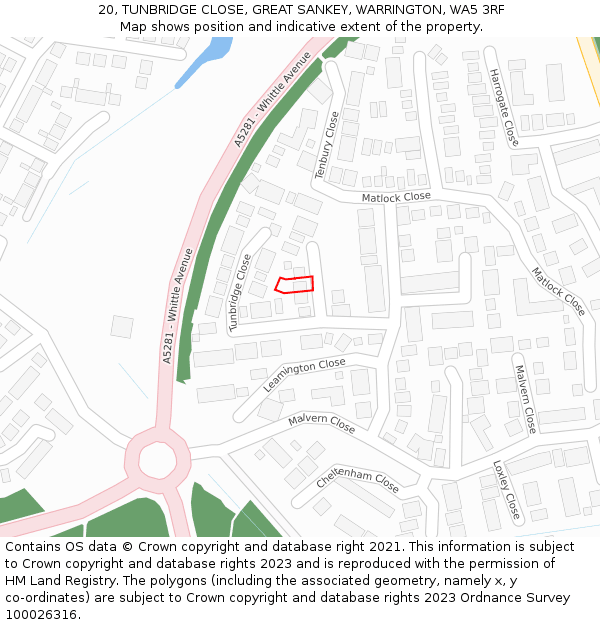 20, TUNBRIDGE CLOSE, GREAT SANKEY, WARRINGTON, WA5 3RF: Location map and indicative extent of plot