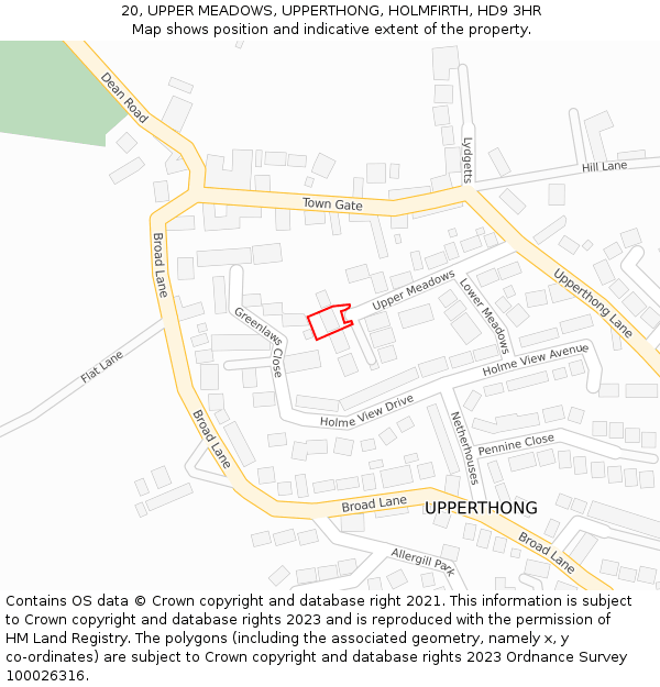 20, UPPER MEADOWS, UPPERTHONG, HOLMFIRTH, HD9 3HR: Location map and indicative extent of plot
