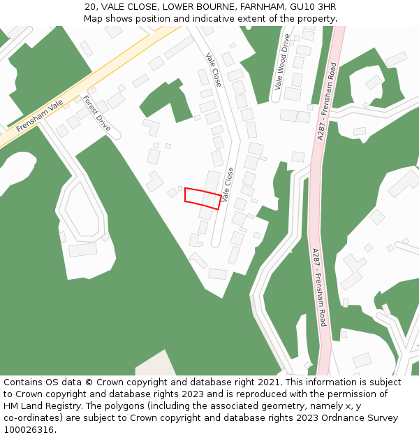 20, VALE CLOSE, LOWER BOURNE, FARNHAM, GU10 3HR: Location map and indicative extent of plot