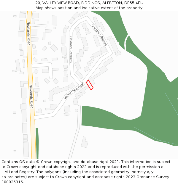 20, VALLEY VIEW ROAD, RIDDINGS, ALFRETON, DE55 4EU: Location map and indicative extent of plot