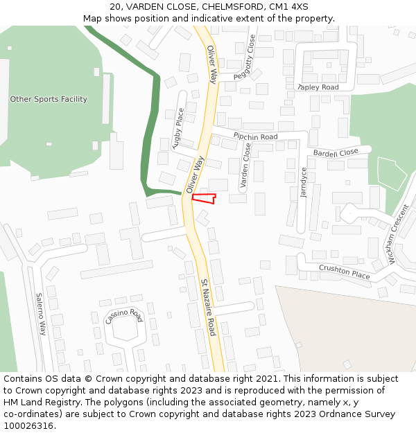 20, VARDEN CLOSE, CHELMSFORD, CM1 4XS: Location map and indicative extent of plot