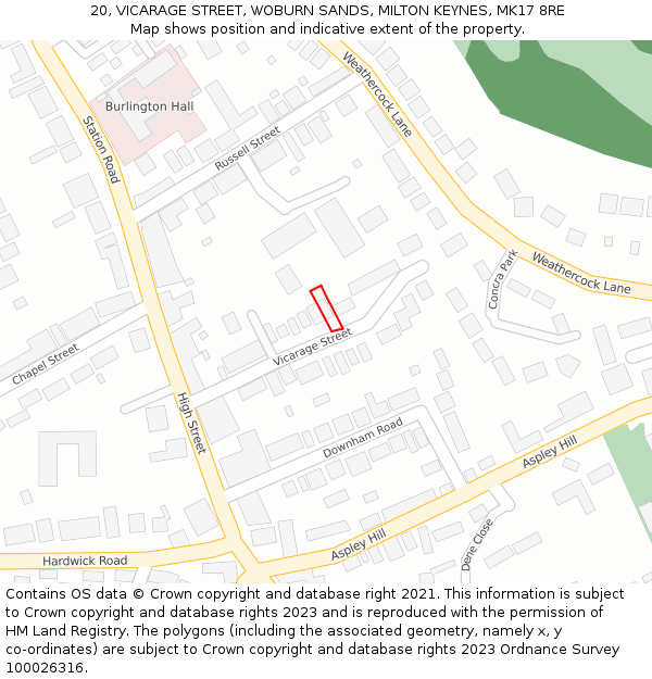 20, VICARAGE STREET, WOBURN SANDS, MILTON KEYNES, MK17 8RE: Location map and indicative extent of plot