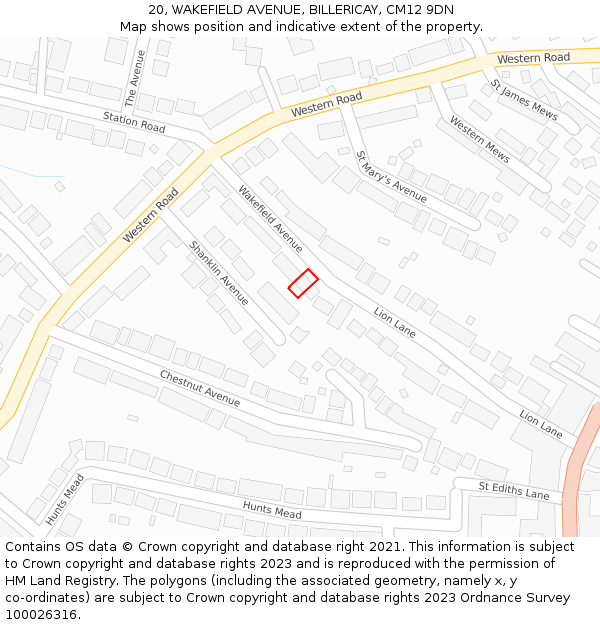 20, WAKEFIELD AVENUE, BILLERICAY, CM12 9DN: Location map and indicative extent of plot