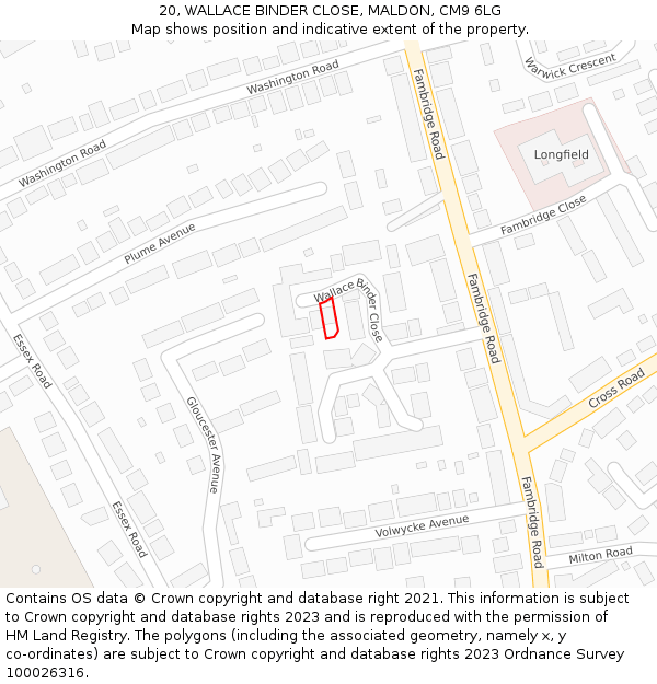 20, WALLACE BINDER CLOSE, MALDON, CM9 6LG: Location map and indicative extent of plot