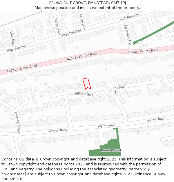 20, WALNUT GROVE, BANSTEAD, SM7 1PJ: Location map and indicative extent of plot