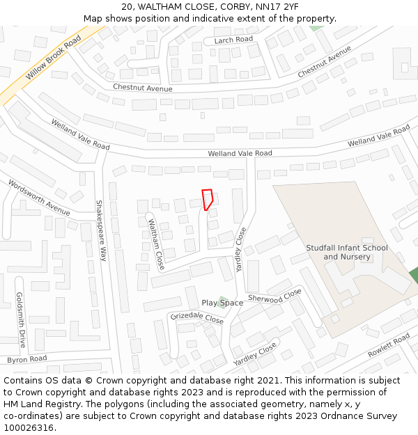20, WALTHAM CLOSE, CORBY, NN17 2YF: Location map and indicative extent of plot