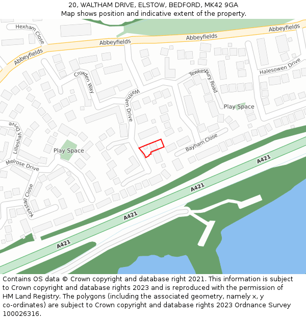 20, WALTHAM DRIVE, ELSTOW, BEDFORD, MK42 9GA: Location map and indicative extent of plot