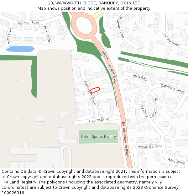 20, WARKWORTH CLOSE, BANBURY, OX16 1BD: Location map and indicative extent of plot