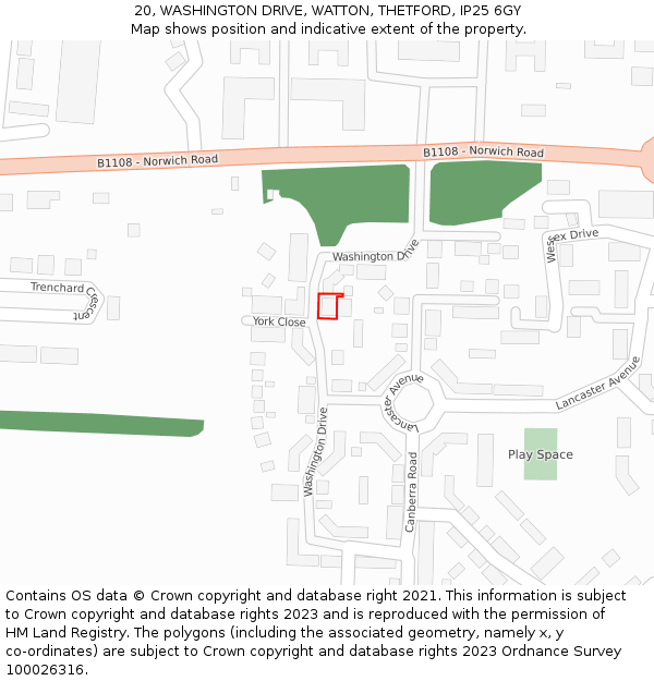20, WASHINGTON DRIVE, WATTON, THETFORD, IP25 6GY: Location map and indicative extent of plot
