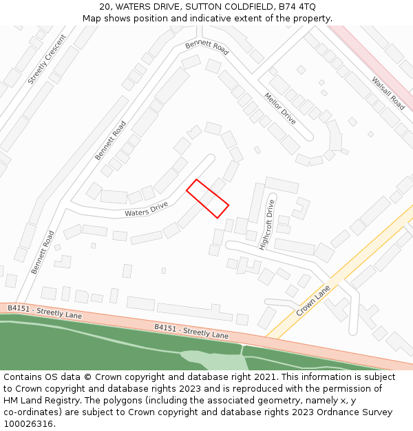 20, WATERS DRIVE, SUTTON COLDFIELD, B74 4TQ: Location map and indicative extent of plot