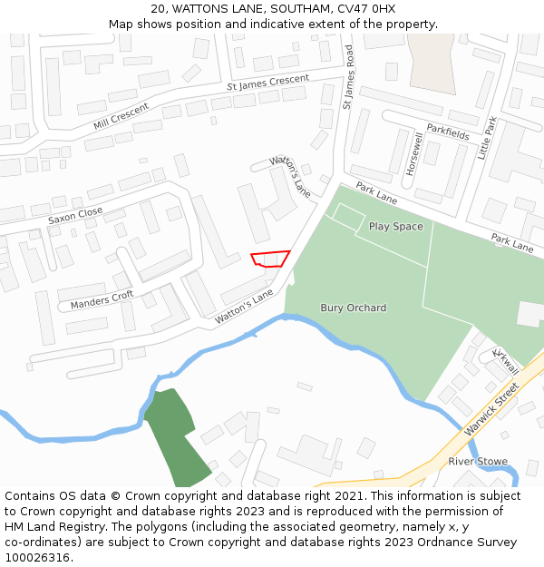 20, WATTONS LANE, SOUTHAM, CV47 0HX: Location map and indicative extent of plot