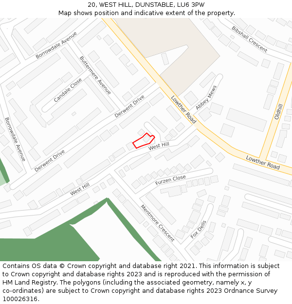 20, WEST HILL, DUNSTABLE, LU6 3PW: Location map and indicative extent of plot