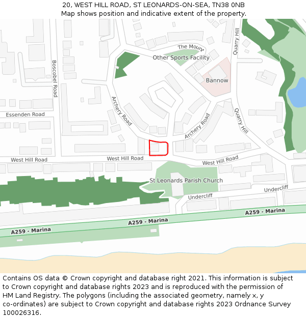 20, WEST HILL ROAD, ST LEONARDS-ON-SEA, TN38 0NB: Location map and indicative extent of plot