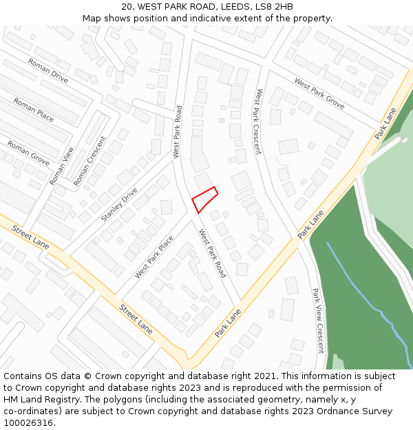 20, WEST PARK ROAD, LEEDS, LS8 2HB: Location map and indicative extent of plot