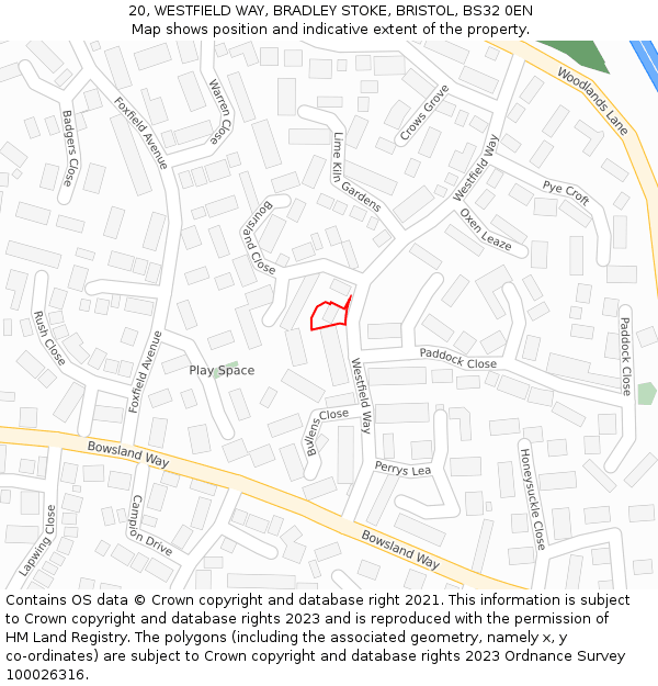 20, WESTFIELD WAY, BRADLEY STOKE, BRISTOL, BS32 0EN: Location map and indicative extent of plot
