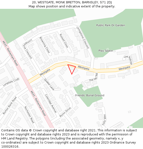 20, WESTGATE, MONK BRETTON, BARNSLEY, S71 2DJ: Location map and indicative extent of plot