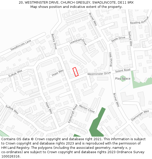 20, WESTMINSTER DRIVE, CHURCH GRESLEY, SWADLINCOTE, DE11 9RX: Location map and indicative extent of plot