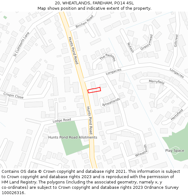 20, WHEATLANDS, FAREHAM, PO14 4SL: Location map and indicative extent of plot