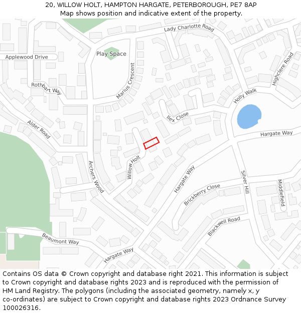 20, WILLOW HOLT, HAMPTON HARGATE, PETERBOROUGH, PE7 8AP: Location map and indicative extent of plot