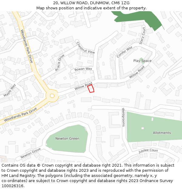 20, WILLOW ROAD, DUNMOW, CM6 1ZG: Location map and indicative extent of plot