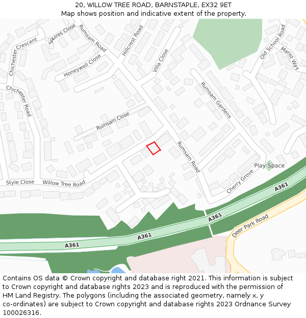 20, WILLOW TREE ROAD, BARNSTAPLE, EX32 9ET: Location map and indicative extent of plot