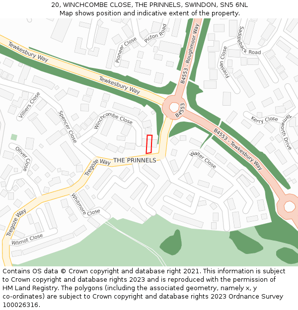 20, WINCHCOMBE CLOSE, THE PRINNELS, SWINDON, SN5 6NL: Location map and indicative extent of plot