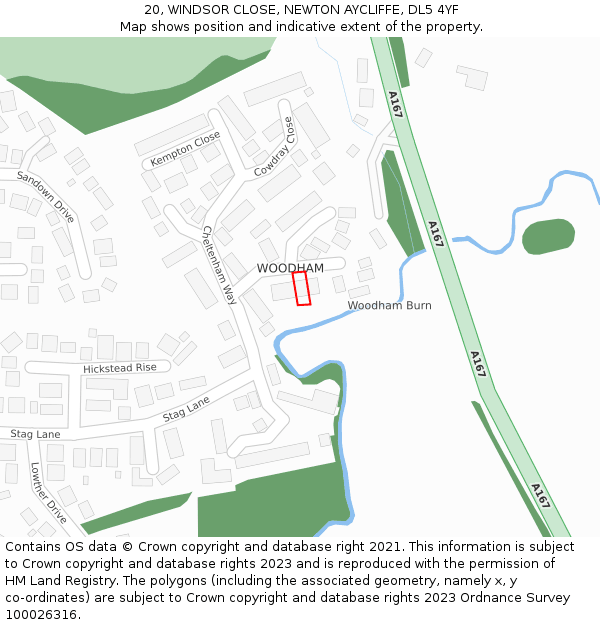20, WINDSOR CLOSE, NEWTON AYCLIFFE, DL5 4YF: Location map and indicative extent of plot