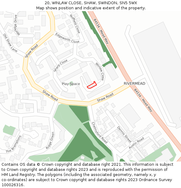 20, WINLAW CLOSE, SHAW, SWINDON, SN5 5WX: Location map and indicative extent of plot
