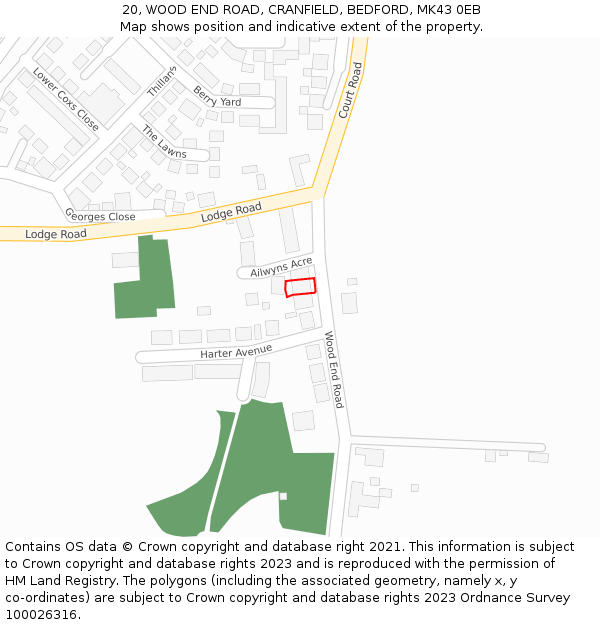 20, WOOD END ROAD, CRANFIELD, BEDFORD, MK43 0EB: Location map and indicative extent of plot