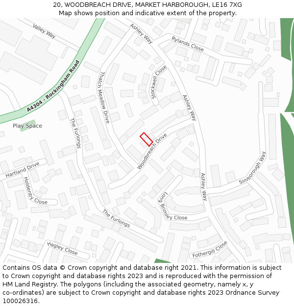 20, WOODBREACH DRIVE, MARKET HARBOROUGH, LE16 7XG: Location map and indicative extent of plot