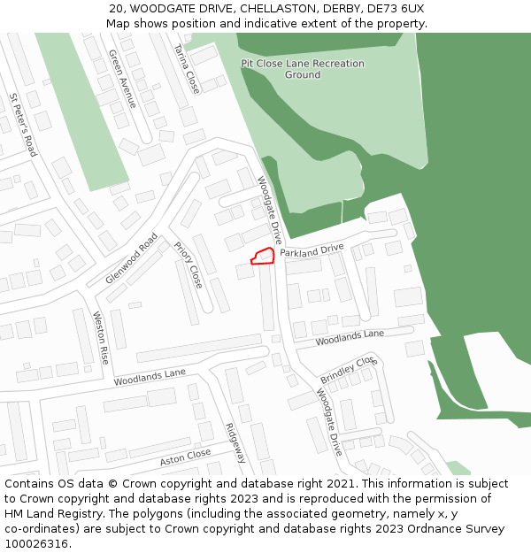 20, WOODGATE DRIVE, CHELLASTON, DERBY, DE73 6UX: Location map and indicative extent of plot