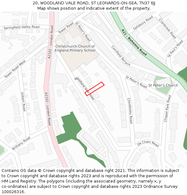 20, WOODLAND VALE ROAD, ST LEONARDS-ON-SEA, TN37 6JJ: Location map and indicative extent of plot