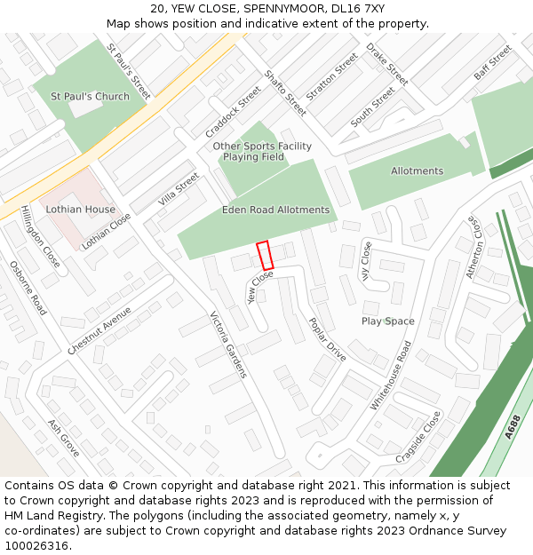 20, YEW CLOSE, SPENNYMOOR, DL16 7XY: Location map and indicative extent of plot