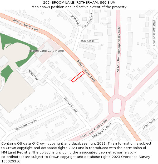 200, BROOM LANE, ROTHERHAM, S60 3NW: Location map and indicative extent of plot