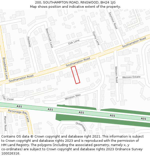 200, SOUTHAMPTON ROAD, RINGWOOD, BH24 1JG: Location map and indicative extent of plot