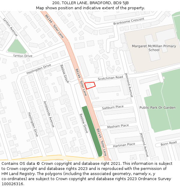 200, TOLLER LANE, BRADFORD, BD9 5JB: Location map and indicative extent of plot