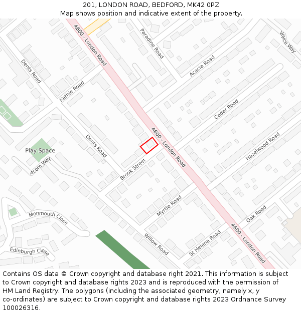 201, LONDON ROAD, BEDFORD, MK42 0PZ: Location map and indicative extent of plot