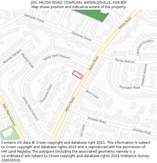 201, MILTON ROAD, COWPLAIN, WATERLOOVILLE, PO8 8SF: Location map and indicative extent of plot