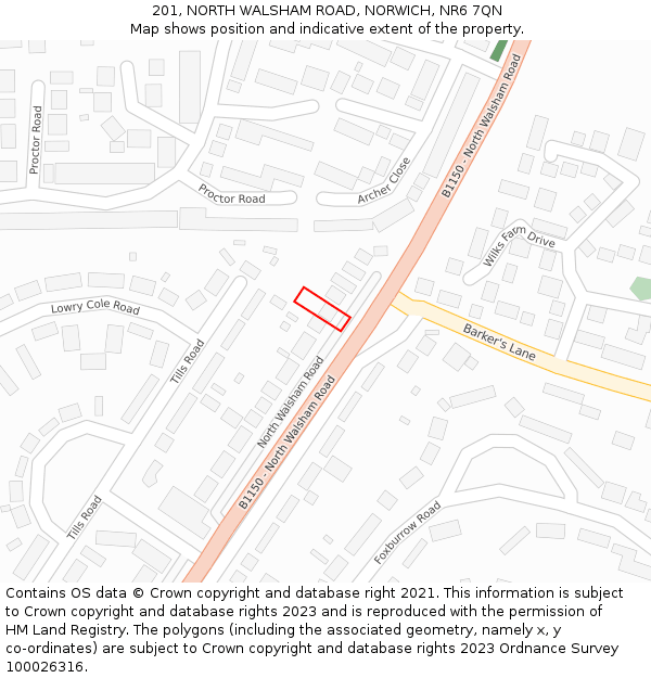 201, NORTH WALSHAM ROAD, NORWICH, NR6 7QN: Location map and indicative extent of plot