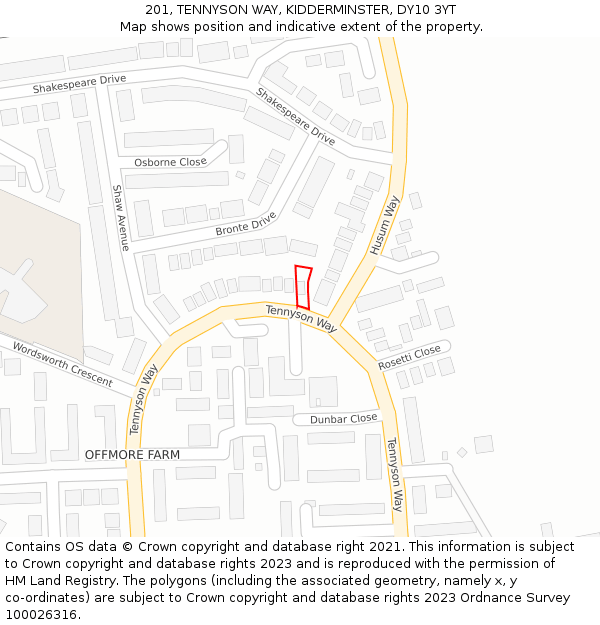 201, TENNYSON WAY, KIDDERMINSTER, DY10 3YT: Location map and indicative extent of plot