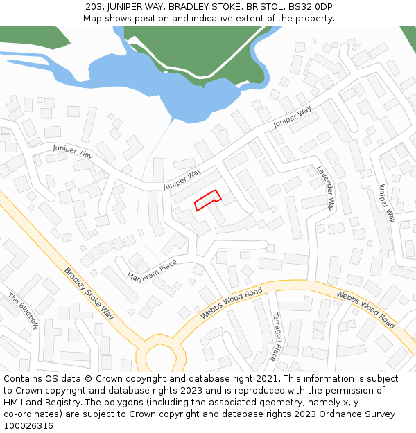 203, JUNIPER WAY, BRADLEY STOKE, BRISTOL, BS32 0DP: Location map and indicative extent of plot
