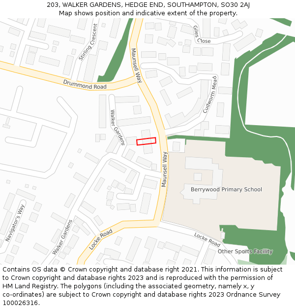 203, WALKER GARDENS, HEDGE END, SOUTHAMPTON, SO30 2AJ: Location map and indicative extent of plot