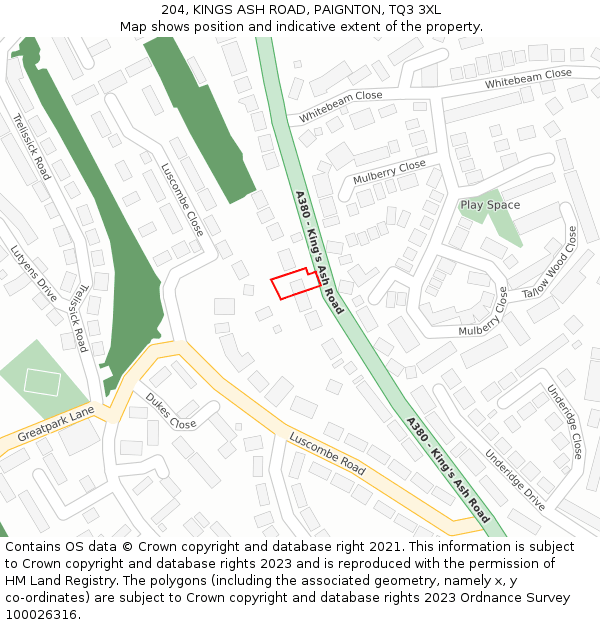 204, KINGS ASH ROAD, PAIGNTON, TQ3 3XL: Location map and indicative extent of plot