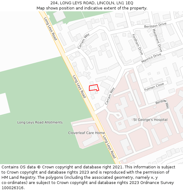 204, LONG LEYS ROAD, LINCOLN, LN1 1EQ: Location map and indicative extent of plot