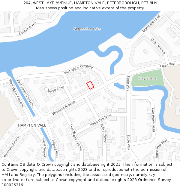 204, WEST LAKE AVENUE, HAMPTON VALE, PETERBOROUGH, PE7 8LN: Location map and indicative extent of plot