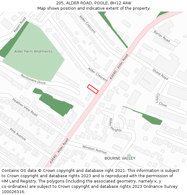 205, ALDER ROAD, POOLE, BH12 4AW: Location map and indicative extent of plot