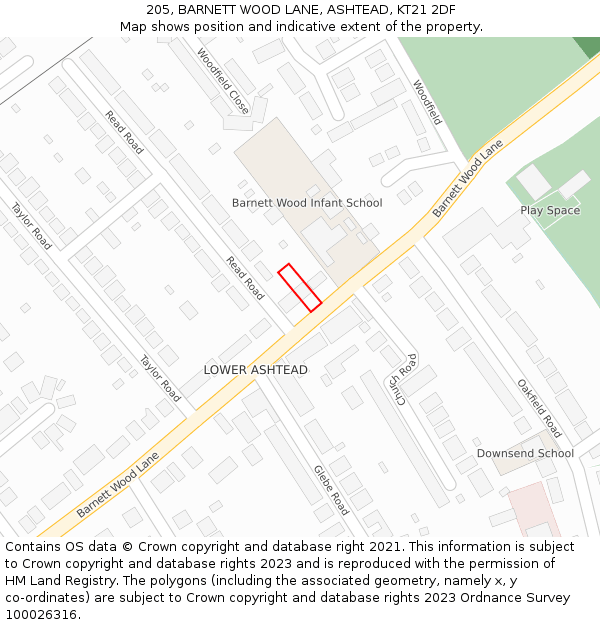 205, BARNETT WOOD LANE, ASHTEAD, KT21 2DF: Location map and indicative extent of plot